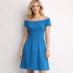 Theory Blue Off-Shoulder Pleated Lightweight Cotton A-line Summer Dress Size 2